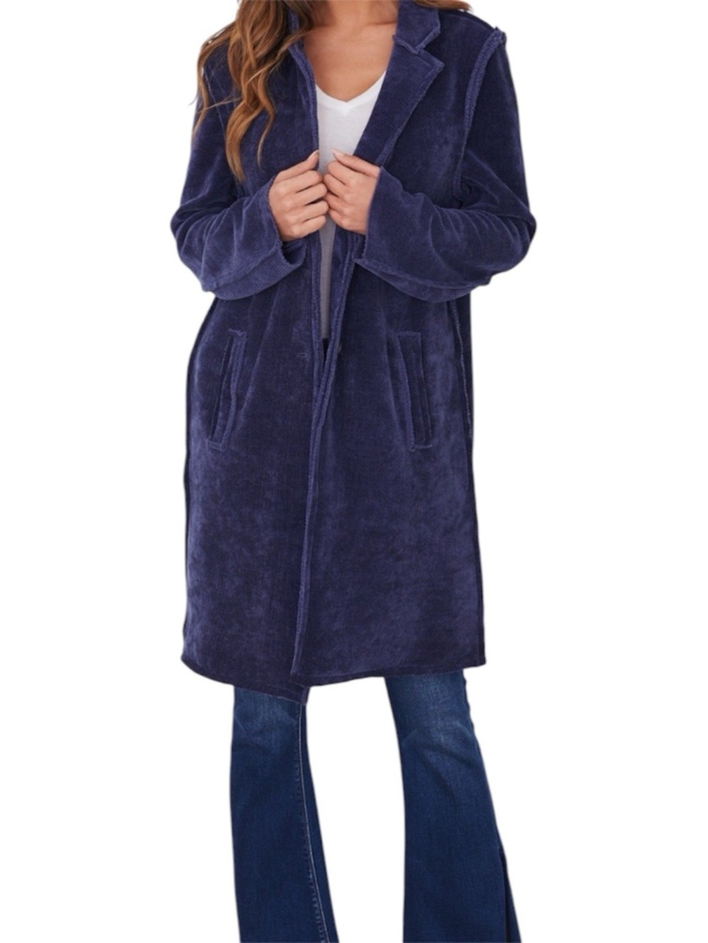 Milio Milano Corduroy Long Duster Coat Navy Blue S
